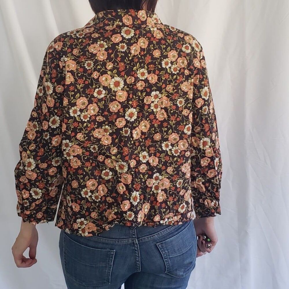 70s Orange and‎ Black Floral Handmade Blouse - Picture 3 of 4